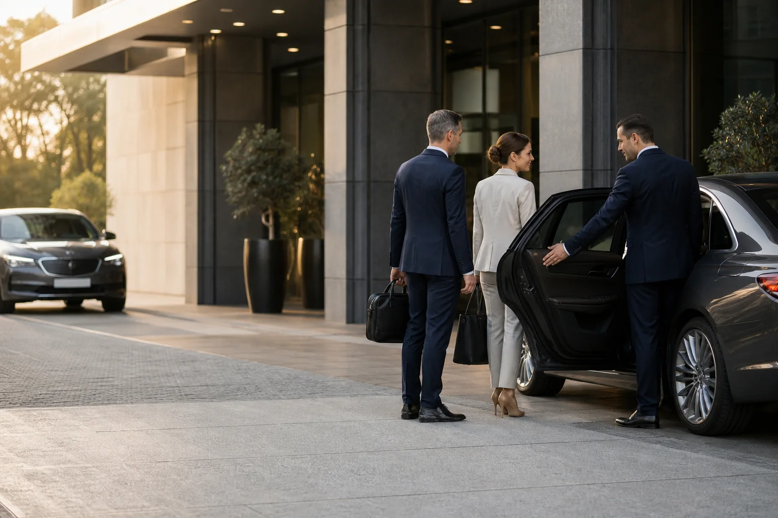 Corporate travellers meeting their private chauffeur in Belgrade